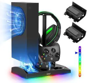 Charging & Cooling Fan Stand for Xbox Series S, Dual Controller Charger Station & Cooler System with 15 LED Light Modes, Headset Hook,USB C Cable, Accessories for XSS with 2x1400mAh Batteries (Black)