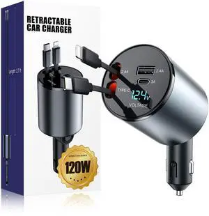Retractable Car Charger 120W , Upgraded 4 in 1 Fast Car Phone Charger, Retractable Cables and USB Car Charger Adapter, Compatible with iPhone 16/15/14/13/12 Pro Max , Samsung, Pixel