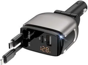 Retractable Car Charger 4 in 1, Fast Car Phone Charger with 2.6ft Cable, USB C and Phone Car Chargers Adapter, Compatible with iPhone 16 15/15 Pro Max, Galaxy, Pixel, Travel Essentials
