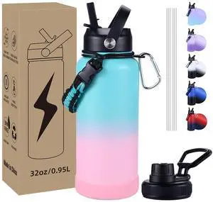 CoolSub Insulated Water Bottle, 32 oz Stainless Steel Wide Mouth Water Bottles with 2 Leak Proof Lid and Paracord Handle, Double Wall Vacuum Insulated Sports Water Bottle, Teal Pink