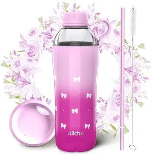 Allcho Insulated Water Bottle for Women, 18 oz Stainless Steel Water Bottles, Double Walled, 2 Lids (Chug & Tumbler) - Hydrate & Caffeinate, Gifts