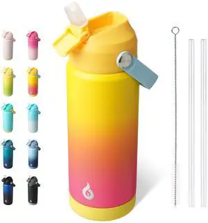 BJPKPK Insulated Water Bottle with Straw Lid, 18oz Thermos Water Bottles with Soft Nozzle, Flex Handle & Non-slip Boot, BPA Free Leak Proof Stainless Steel Metal Thermos, Tumblers, Cups,Rainbow