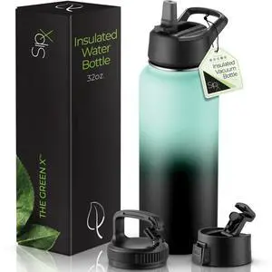 SipX Triple-Insulated Stainless Steel Water Bottle 32oz. With 3 Lids, BPA-Free Reusable Insulated Water Bottle Keeps Cold 24 Hours, (Gradiant Mint Black)