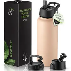 SipX Triple-Insulated Stainless Steel Water Bottle 32oz. With 3 Lids, BPA-Free Reusable Insulated Water Bottle Keeps Cold 24 Hours, Metal Water Bottle Made Of Sustainable Material For Hiking & Biking