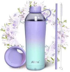 Allcho Insulated Water Bottle for Women, 18 oz Stainless Steel Water Bottles, Double Walled, 2 Lids (Chug & Tumbler) - Hydrate & Caffeinate, Gifts