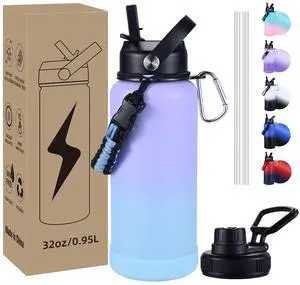 CoolSub Insulated Water Bottle, 32 oz Stainless Steel Wide Mouth Water Bottles with 2 Leak Proof Lid and Paracord Handle, Double Wall Vacuum Insulated Sports Water Bottle, Purple Blue