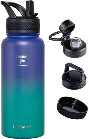 Fanhaw 32 oz Stainless Steel Insulated Water Bottle with 3 Lids (Straw, Spout and Carabiner Lid) - Wide Mouth Travel Thermal Mug (Purple Green)