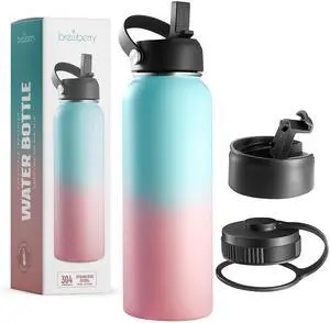 Brewberry Stainless Steel Insulated Water Bottle and Travel Mug for Hot and Cold Beverages, Wide Mouth, Double Wall Insulated Hydration Sports Water Bottle for Hiking, Biking, Outdoor, 32 OZ BPA Free
