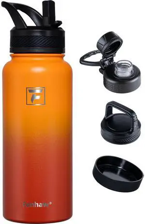Fanhaw 32 oz Stainless Steel Insulated Water Bottle with 3 Lids (Straw, Spout and Carabiner Lid) - Wide Mouth Travel Thermal Mug (Yellow Orange)