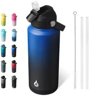 BJPKPK Water Bottle with Straw Lid, 32oz Vacuum Insulated Water Bottles, Metal Stainless Steel Thermos for Sports, Travel, BPA Free Leak Proof Thermos, Cups, Flasks, Tumblers,Black Blue