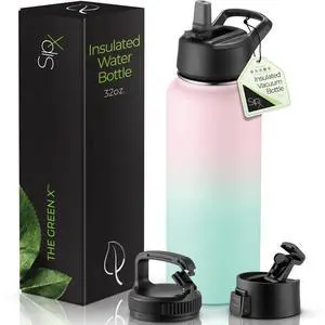 SipX Triple-Insulated Stainless Steel Water Bottle 32oz. With 3 Lids, BPA-Free Reusable Insulated Water Bottle Keeps Cold 24 Hours, (Gradiant Mint Pink)