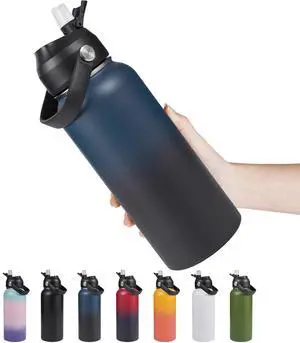 Fijinhom 32oz Insulated Stainless Steel Water Bottle, Wide Mouth Double Wall Vacuum, Silicone Straw, Sweat & Leak Proof, BPA Free Insulated Water Flask for Travel, Keep Cold 24h Hot 12h, Blue
