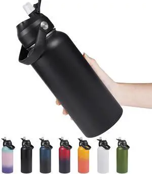 Fijinhom 32oz Insulated Stainless Steel Water Bottle, Wide Mouth Double Wall Vacuum, Silicone Straw, Sweat & Leak Proof, BPA Free Insulated Water Flask for Travel, Keep Cold 24h Hot 12h, Black