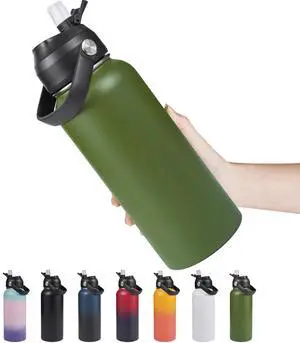 Fijinhom 32oz Insulated Stainless Steel Water Bottle, Wide Mouth Double Wall Vacuum, Silicone Straw, Sweat & Leak Proof, BPA Free Insulated Water Flask for Travel, Keep Cold 24h Hot 12h, Green