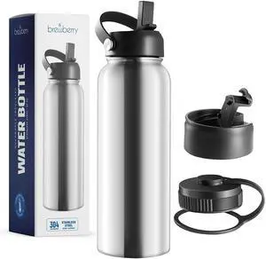 Brewberry Stainless Steel Insulated Water Bottle and Travel Mug for Hot and Cold Beverages, Wide Mouth, Double Wall Insulated Hydration Sports Water Bottle for Hiking, Biking, Outdoor, 32 OZ BPA Free