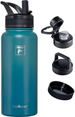 Fanhaw 32 oz Stainless Steel Insulated Water Bottle with 3 Lids (Straw, Spout and Carabiner Lid) - Wide Mouth Travel Thermal Mug (Green Blue)