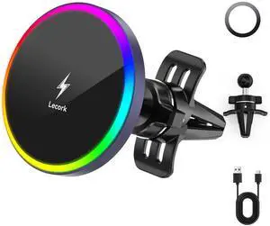 Lecork for Magsafe Car Mount Charger, 15W Magnetic Wireless Car Charger for iPhone, Magsafe Air Vent Car Holder Charger for iPhone 16 Pro Max/16/15/14 13 12, Samsung S25/S25+/Ultra, RGB LED Design