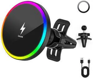 Lecork for Magsafe Car Mount, 15W Magnetic Wireless Charger for iPhone, Magsafe Air Vent Car Holder Charger for iPhone 16 Pro Max/16/15/14 13 12, Samsung S25/S25+/Ultra, RGB LED Design