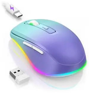 Wireless Mouse Jiggler - LED Wireless Mice with Build-in Mouse Jiggler Mover, Rechargeable Moving Mouse for Computer with Undetectable Random Movement Keeps Computer Awake - Gradient Purple