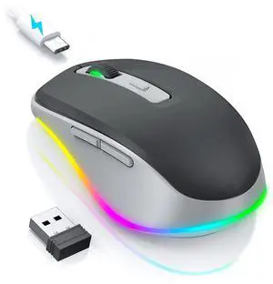 PEIOUS Wireless Mouse Jiggler - LED Wireless Mice with Build-in Mouse Mover, Rechargeable Moving Mouse for Laptop with Undetectable Random Movement Keeps Computers Awake - Black & Grey