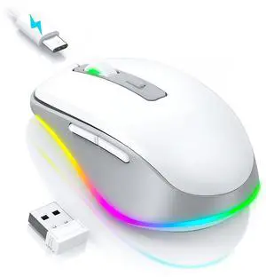 PEIOUS Wireless Mouse Jiggler - LED Wireless Mice with Build-in Mouse Mover, Rechargeable Moving Mouse for Laptop with Undetectable Random Movement Keeps Computers Awake - White & Grey