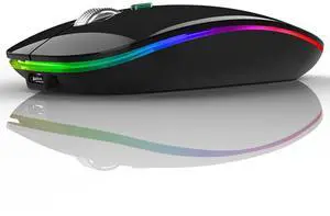 Uiosmuph LED Wireless Silent Mouse, G12 Slim Rechargeable, 2.4G Portable Optical Computer Mice with USB Receiver and Type C Adapter (Black)