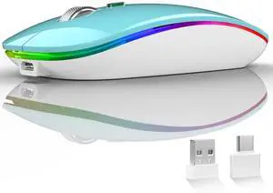 Uiosmuph LED Wireless Silent Mouse, G12 Slim Rechargeable, 2.4G Portable USB Optical Computer Mice with USB Receiver and Type C Adapter (Blue)