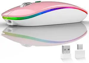 Uiosmuph LED Wireless Mouse, G12 Slim Rechargeable Silent 2.4G Portable USB Optical Computer Mice with Receiver and Type C Adapter (Pink)