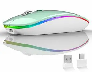 Uiosmuph LED Wireless Mouse, G12 Slim Rechargeable Wireless Silent Mouse, 2.4G Portable USB Optical Wireless Computer Mice with USB Receiver and Type C Adapter (Mint Green)