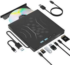 7 in 1 External DVD Drive, External CD/DVD Drive for Laptop USB 3.0 & Type-C, Portable CD/DVD +/-RW Disk Drive, CD/DVD Burner CD ROM External Drive for Laptop Desktop PC Windows 10/11 XP Mac Linux