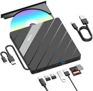 SUIDEK External CD DVD Drive USB C USB 3.0, Portable CD DVD +/-RW Burner DVD Player for Laptop 8 in 1 Hub with SD/Micro SD Card Reader Compatible with Laptop Mac PC Windows Linux