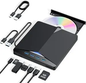 External CD/DVD Drive for Laptop, 7-in-1 DVD Player for Laptop USB 3.0 Portable Burner with SD/TF Card Reader & 4-Port USB Hub, Compatible with Windows, Mac OS, Linux (7 in 1)