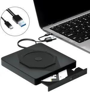 External CD/DVD Drive for Laptop, USB 3.0 & Type-C Portable CD DVD Burner, CD ROM +/-RW External DVD CD Drive, DVD Player for Laptop Compatible with Desktop, PC, Windows, Linux, Mac OS, Apple