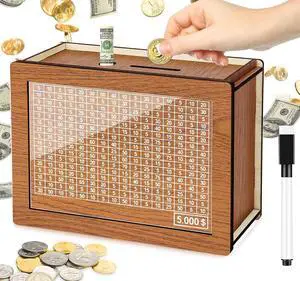 Kkluno 5000 Kakeibo Money Box, Wooden Money Saving Challenge Box Reusable Savings Box, Cash Vault Box Piggy Bank Smash Box Saver for Adults Kids Boys Girls