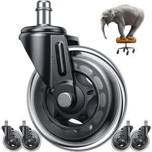 Office Chair Replacement Wheels Set of 5, 3" Heavy Duty Rubber, Safe for All Floors, Quiet, Universal Fit & Quick Installation Easy to Install on Hardwood & Carpet