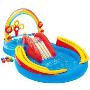 Intex 57453EP 9.75 Foot x 6.3 Foot x 53 Inch Multicolor Rainbow Slide Kids Inflatable Pool with Water Slide and Ring Toss for Children Ages 2 and Up