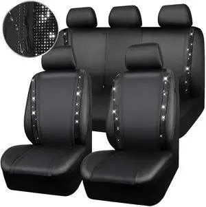 CAR PASS Leather Bling Diamond Car Seat Covers Full Set, Shining Rhinestone Waterproof Durable Rear with Zipper, Universal Fit Automotive Glitter Crystal Sparkle Strip for Cute Women Girly Black