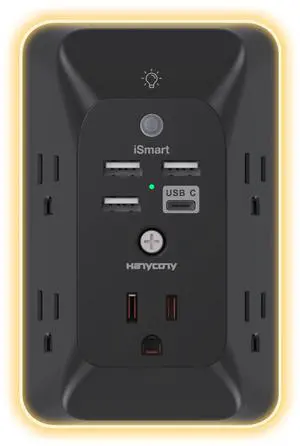 Black Outlet Extender with Night Light, HANYCONY Multi Plug Outlet, USB Wall Charger Surge Protector 4 USB Charging Port(1USB C), Power Strip Electrical Outlet Splitter Expander for Office Dorm Room