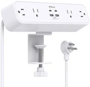 PD30W Desk Clamp Power Strip, Desktop Mount Surge Protector, Fast Charging Station, 5Ft Extension Cord Desk Edge Mount Shelf with 4 Outlets 4 USB Ports (2 USB C), Home Office Accessories Essentials