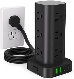 Power Strip Tower with Multiple Outlets, Flat Plug Surge Protector Tower Extension Cord with 12 AC Outlets 4 USB Ports (2 USB C), 6FT Cord Power Tower Surge Protector for Home Office Dorm Room, Black