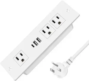 Recessed Power Strip, Furniture Drawer Outlet with 20W PD USB-C & 18W QC3.0 USB-A, Plug in 3 Outlets & USB Ports, Flush Mount 3FT Flat Extension Cord Conference Desk Outlets White