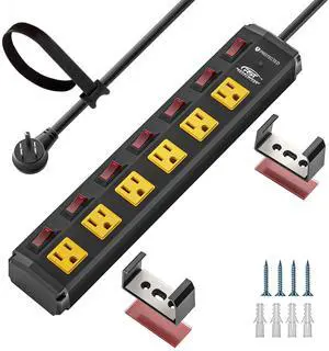 CRST 6 Outlet Metal Heavy Duty Power Strip with Individual Switches, 6FT Wall Mount Garage Power Strip, Surge Protector (1200 Joules), 15amp/1875W, 14AWG SJT Power Cord