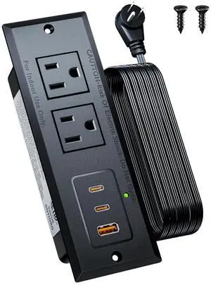 Recessed Power Strip with 20W USB C Port, Fast Charging USB A Port Conference Recessed Outlet, Space-Saver for Furniture Side Table, End Table, Desk Outlet with 6ft Cord, 45° Thin Flat Plug, Black