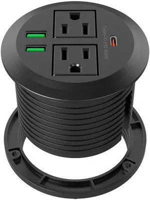 Jgstkcity 3 inch Desktop Power Grommet, Max 65W USB C Charger,2 Outlets, 3 USB Ports, Flush Mount Desk Hole Round Power Outlet, High-Speed Charging Station, Recessed Power Strip,6ft Cord Flat Plug