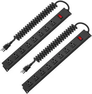 2Pack 8 Outlet Metal Wall Mount Power Strip, Mountable Outlet with Switch, Heavy Duty Wide Spaced Surge Protector, 6 FT SJT 14AWG Black Spring Cord.