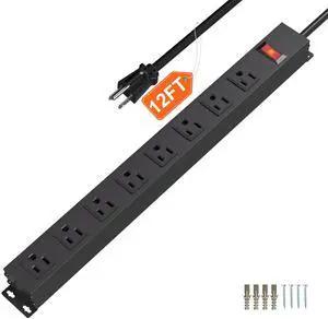 CFMASTER 8 Outlets Metal Heavy Duty Power Strip with 12 Ft 14AWG Power Cord,Wide Spaced Outlets,Wall Mount Long Power Strip for Commercial,Industrial,School,Garage,Home,15A 125V 1875W,Black (12FT)