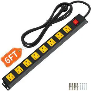 8 Outlet Long Power Strip, 2100J Surge Protector Heavy Duty 6FT Cord Wide Spaced and Wall Mount Metal Powerstrip for Home Office Garage Workshop