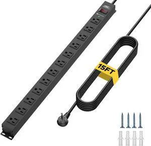 CRST 12-Outlet Long Power Strip with 15FT Cord, 2100 Joules Heavy Duty Surge Protector Mountable Power Strip, Wide Spaced Outlets for Industrial Garage Commercial(15A/1875W)