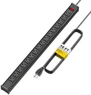 16 Outlets Long Power Strip Metal Wall Mount Power Strip 10 FT Heavy Duty Garage Workbench Workshop Bar Industrial Electric Strip Outlets, ETL (Black)