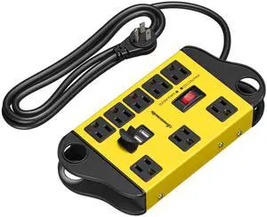 DEWENWILS Garage Power Strip Wall Mount, Wide Space 8-Outlet Industrial Power Strip with 2 USB, Metal Surge Protector 1440J, 14AWG 6FT Heavy Duty Extension Cord for Garage, Workshop, Yellow